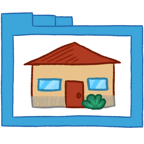 A hollow blue folder with thin lineart containing a tan house with a red roof, a red door, two windows, and a bush. 
